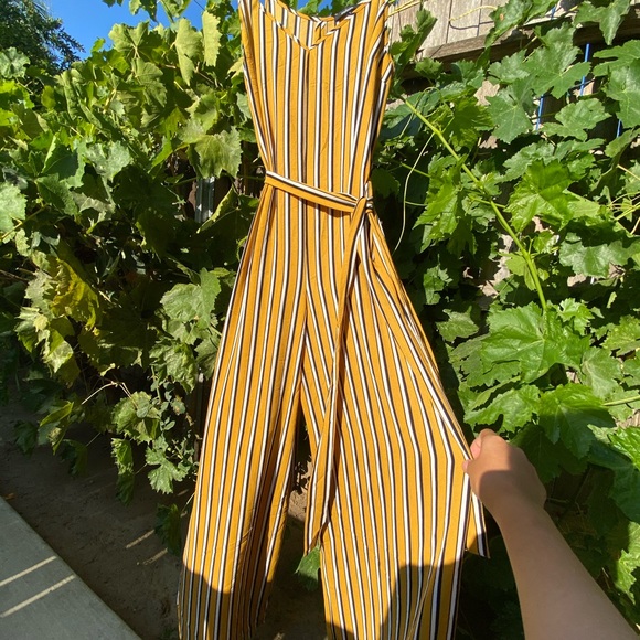 NWOT Ambiance striped mustard jumpsuit wide legged - Picture 1 of 6